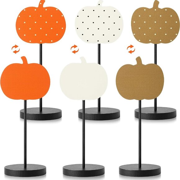 Handmade Other - 3Pcs Fall Thanksgiving Orange White Brown Pumpkin Reversible Wood Tall decor